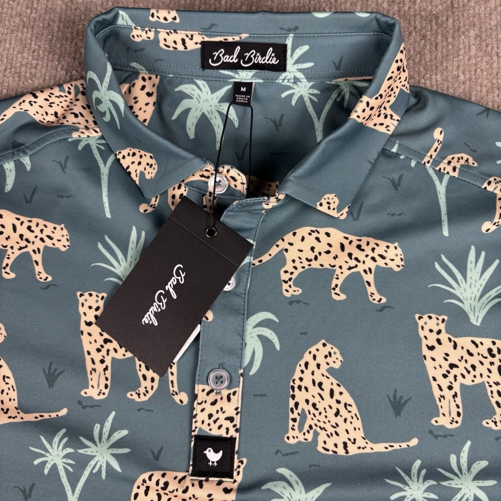 Bad Birdie Polo Shirt Mens Medium Leopard Cheetah Print Golf Stretch Green NWT - Picture 10 of 12